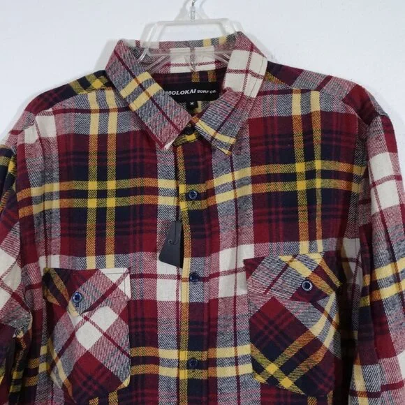 Molokai Surf Co Flannel Shirt Men's Size M Red Plaid Long Sleeve Outdoor - Picture 2 of 8
